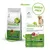 To poser Natural Trainer hundefoder, tekst: CON PROSCIUTTO CRUDO E RISO WITH DRY-CURED HAM AND RICE, MAXI/ADULT, 12 kg, billeder af skinke, æble, lime og en voksen hund. NUOVO PACK.