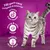 100 purr-cent complete & balanced. Urinary tract health. Strong & clear vision. Healthy skin & coat. Text with icons beside a grey tabby cat on purple background.