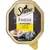 Sheba Finesse in Mousse с курицей au Poulet, 85 г. На упаковке изображена серая кошка и мусс на тарелке.