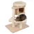 Cat tree made of wood with three levels, sisal posts and padded resting areas. Cat is lying on the lower level.