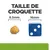 Taille de croquette : 8,5 mm à côté d’un dé bleu de 16 mm pour comparaison visuelle