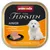 Animonda Vom Feinsten Junior with poultry and turkey hearts, wet food for young dogs. Serving suggestion: meat piece on black plate.