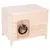 Meuble en bois clair avec ouverture ronde, chat tigré visible à l’intérieur. Convient pour cacher une litière ou offrir un abri au chat. Matériau : bois.