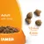 IAMS Adult with lamb -koiranruokanappuloita, halkaisija noin 10 mm ja paksuus noin 4 mm. Oranssi ruokakuppi, nappuloiden koko esitetty tekstinä ja kuvana.