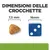 Dimensioni delle crocchette: 7,5 mm accanto a un dado blu da 16 mm per confronto visivo.