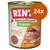 RINTI Kennerfleisch Senior mit Huhn, getreidefrei, 24x. Widoczne kawałki mięsa, oznaczenia: fettreduziert, ballaststoffe, oryginal od 1983. Opakowanie puszki.