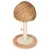 Cat tree in mushroom shape with woven natural material, sisal scratching post and play ball on string. Round base with soft padding.