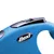Close-up of a blue retractable lead handle with a visible locking button and the word 'flexi' on the side.