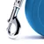 Close-up of a metal clip attached to a blue retractable lead, showing the fastening mechanism for secure attachment.
