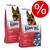 Två påsar Happy Dog Sport hundfoder, text: 'Made with Love in Germany', 'five in 1 healthy life', röd procent-symbol för rabatt uppe till höger. Två påsar Happy Dog Sport hundfoder, text: 'Made with Love in Germany', 'five in 1 healthy life', röd procent-symbol för rabatt uppe till höger.
