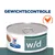 Hill's Prescription Diet w/d natvoer blik, tekst 'GEWICHTSCONTROLE', afbeelding van kip, productlabel en voer zichtbaar op de verpakking.