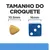 Tamanho do croquete: comparação visual entre um croquete de 10,5 mm e um dado azul de 16 mm. Texto visível: 'TAMANHO DO CROQUETE', '10.5 mm', '16 mm'.