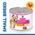 Tin labelled for small and mini mature adult 7+ with chicken mousse, featuring a chicken icon and the words 'small breed' on the side. Tin labelled for small and mini mature adult 7+ with chicken mousse, featuring a chicken icon and the words 'small breed' on the side.