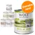 Консерва Wolf of Wilderness Green Fields 800 г, надпис „100% grain-free“. Оранжев кръг с текст: Опитайте сега! На заден план – още консерви от серията.
