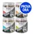 Quattro barattoli Wolf of Wilderness RAW: Beef Liver, Chicken Hearts, Salmon Fillet, Lamb Lung. Etichetta con lupo. Cerchio blu con testo: PROVA ORA. Quattro barattoli Wolf of Wilderness RAW: Beef Liver, Chicken Hearts, Salmon Fillet, Lamb Lung. Etichetta con lupo. Cerchio blu con testo: PROVA ORA.
