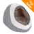 Cuccia a forma di igloo in tessuto grigio a pois bianchi con interno beige e bordo peloso, etichetta arancione in alto a destra con testo: Top Seller
