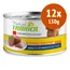 Natural Trainer con manzo, 12x150g. Small & Toy (1–10 kg), Adult (>10 mesi). Immagine di cibo per cani su piatto e parte di cane visibile sull'etichetta.