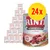 RINTI Kennerfleisch mit Rind -koiranruokaa, 24 tölkin pakkaus. Etiketissä naudanlihan kuva ja teksti 'Getreidefrei', 'Fleisch pur'. Suuri keltainen ympyrä, jossa punainen '24x'.