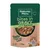 Bites in gravy with salmon, complete and balanced, made with natural ingredients, adult, taste cats will love. Image shows food pouch with visible chunks in gravy.