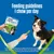 Feeding guidelines: one chew per day. Image shows a hand offering a dental chew to a dog, with advice to provide fresh water and supervise while giving the treat.