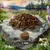 Brown kibble pieces displayed on a rock with one piece in front showing size measurement of 5-6mm.