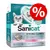 Sanicat Strong Clumps arena para gatos con aroma a talco para bebé, 10L. Características: duradera, sin polvo, control extra de olores. Símbolo de descuento visible.