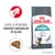Pachet Royal Canin Hairball, text vizibil: „Ajută la reducerea formării ghemurilor de blană”, imagine crochetă și pisică. Pe ambalaj: „Reduces hairball formation in 14 days”.