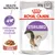 Royal Canin STERILISED, 85 g x 12. Udržiavanie ideálnej hmotnosti. Šťava. Obrázok mačky a porcie krmiva na tanieri.