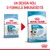 Royal Canin Puppy Mini, ambalaj vechi și nou. Text vizibil: „UN DESIGN NOU, O FORMULĂ ÎMBUNĂTĂȚITĂ”. Pe ambalaje: PUPPY MINI, 10 kg, 2–10 months/mois, adult weight up to 10 kg.