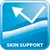 SKIN SUPPORT, λευκό βέλος πάνω από κυματιστή γραμμή σε μπλε φόντο. Το κείμενο είναι στα αγγλικά.