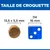 Taille de croquette : 13,5 x 5,5 mm à côté d’un dé bleu de 16 mm pour comparaison visuelle. Texte visible : 'TAILLE DE CROQUETTE', '13,5 x 5,5 mm', 'Dé 16 mm'.