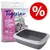 Tigerino Premium Natural Clay sprijemljiv pesek za mačke, zelo vpojen, hitro odstranjuje vonjave, takoj se sprijema, zelo malo prahu. Vidna siva mačja stranišča in rdeč odstotek.