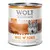 Wolf of Wilderness Wide Acres, 100 % grain-free, 800 g, poulet avec baies sauvages, racines et herbes sauvages. Texte en anglais et allemand visible sur l’étiquette.