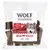Упаковка лакомства Wolf of Wilderness High Valley Beef Rind, надпись: 100% grain-free recipe. Видны кусочки продукта внутри прозрачного пакета.