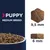 Puppy medium breed dry food shown in a bowl, with kibble dimensions indicated as 9.5 mm wide and 6 mm thick.