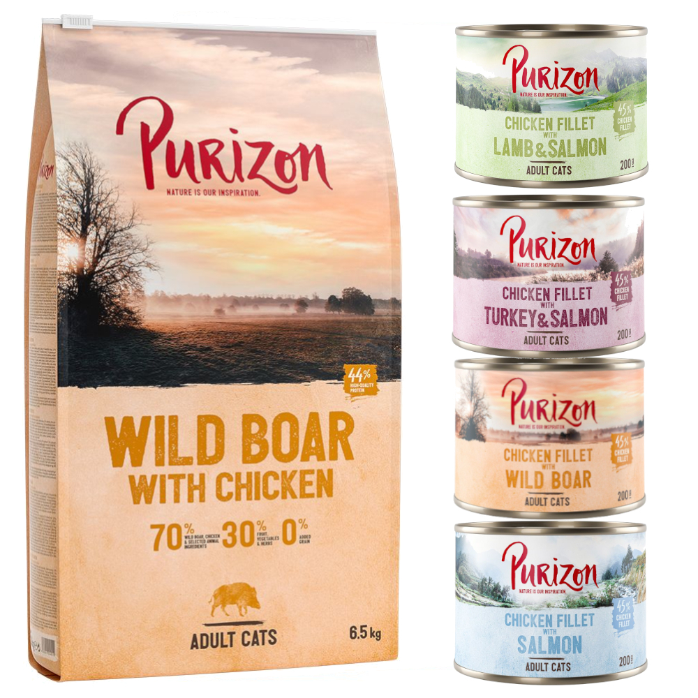 

Purizon 2 x 6,5 kg ração para gatos + 6 x 200 g comida húmida grátis! - Adult com javali e frango