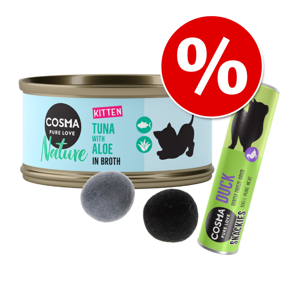 Sada: 6 x 70 g Cosma Nature Kitten + maškrty kačica + loptičky - kura a tuniak