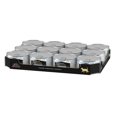 Tray containing twelve tins of Pro Plan Veterinary Diets food, with product labels and a silhouette of a cat on the tray edge.