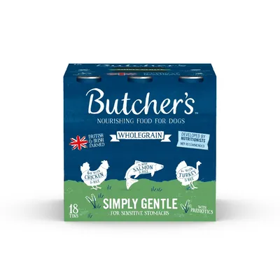 Butcher's wholegrain food, 18 tins. Contains chicken with rice, salmon with rice, turkey with rice. For sensitive stomachs, with prebiotics. British and Irish farmed ingredients.