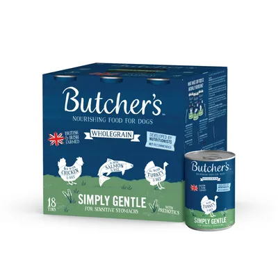 Butcher's wholegrain food, 18 tins for sensitive stomachs with prebiotics. Includes chicken and rice, salmon and rice, turkey and rice. British and Irish farmed, developed by nutritionists.