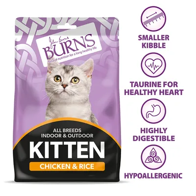 Kitten chicken and rice food for all breeds, indoor and outdoor. Features: smaller kibble, taurine for healthy heart, highly digestible, hypoallergenic.