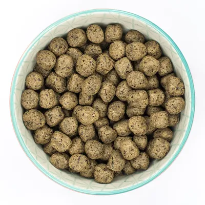 Bowl filled with round, brown dry food pellets shown from above.