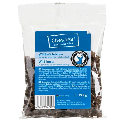 Chewies Training Mini Wildknöchelchen with game, 125g. Composition: meat and animal by-products (4% game), cereals, vegetable by-products. Made in Germany.