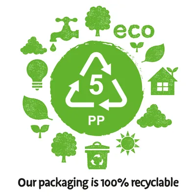 Packaging is made from polypropylene plastic, recycling code 5 PP. Our packaging is 100% recyclable.