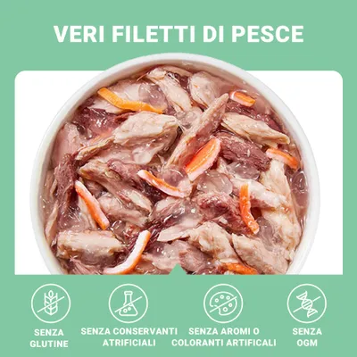 Veri filetti di pesce. Senza glutine, senza conservanti artificiali, senza aromi o coloranti artificiali, senza OGM.