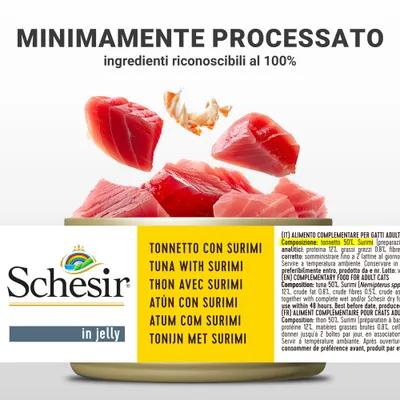 Schesir in jelly, tonnetto con surimi. Testo: minimamente processato, ingredienti riconoscibili al 100%. Etichetta mostra composizione: tonnetto 50%, surimi. Alimento per gatti adulti.