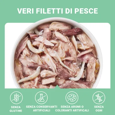 Veri filetti di pesce. Senza glutine, senza conservanti artificiali, senza aromi o coloranti artificiali, senza OGM.