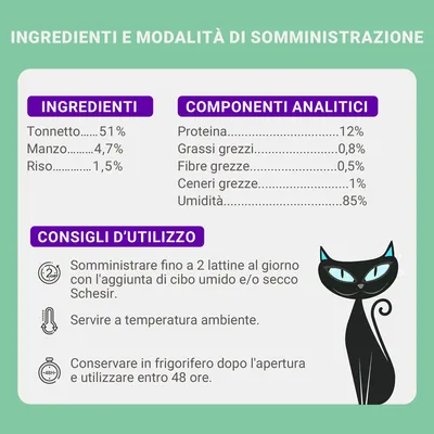 Ingredienti: tonnetto 51 %, manzo 4,7 %, riso 1,5 %. Componenti analitici: proteina 12 %, grassi grezzi 0,8 %, fibre grezze 0,5 %, ceneri grezze 1 %, umidità 85 %. Consigli d’uso inclusi.