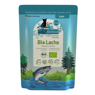 catz finefood Bio Lachs, BIO tanúsítvány, Made in Germany, 97,5 % hús, gabonamentes, nem tesztelték állatokon, organikus lazac macskaeledel csomagolásán látható információk