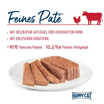 Feines Paté mit delikatem Geflügel, herzhaftem Rind und erlesenen Kräutern. Über 90% tierisches Protein. Protein-/Fettgehalt: 10,2/4,6. Marke: Happy Cat.